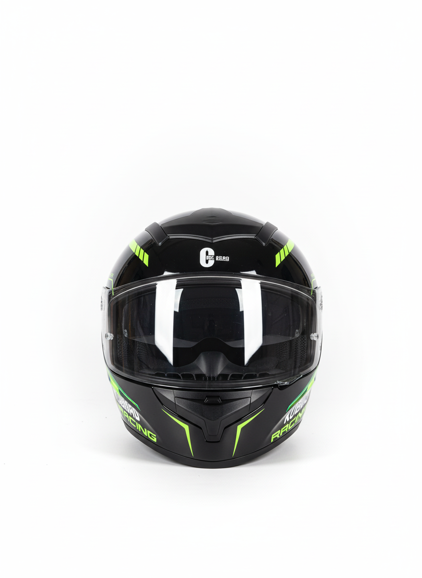 Crna racing kaciga sa zelenim akcentima - prednji pogled
