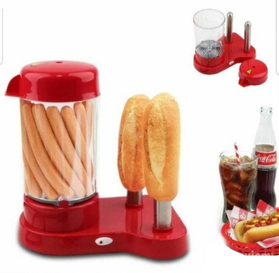 Red hot dog bun maker with buns and sausages, Coca-Cola bottles, and a hot dog on a white background.