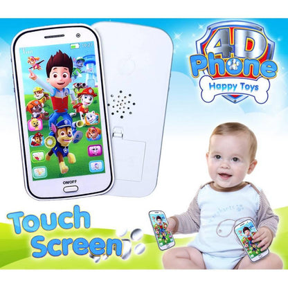 Dečji telefon sa muzičkim sadržajima i motivom Patrolnih šapa prikazan je na slici.