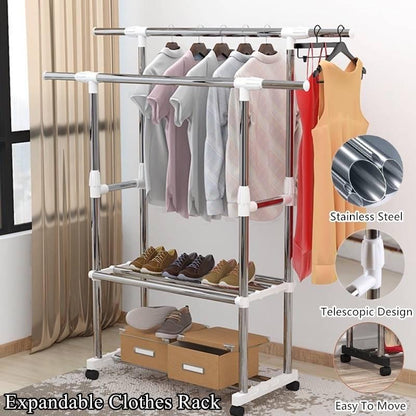 Prenosivi stalak za odeću sa dvostrukim šinama za kačenje garderobe.