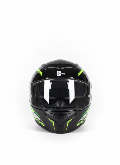Crna racing kaciga sa zelenim akcentima - prednji pogled