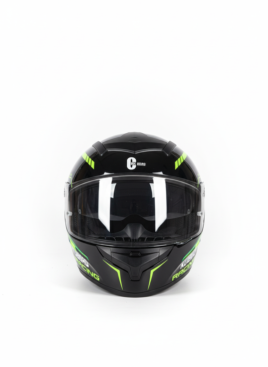 Crna racing kaciga sa zelenim akcentima - prednji pogled