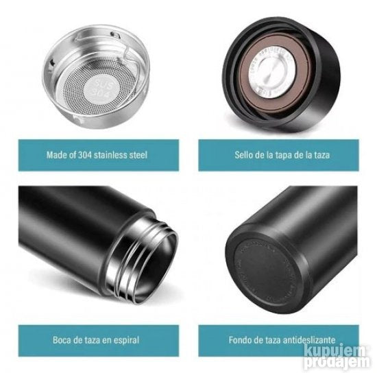 Ružičasti termos sa digitalnim displejem za prikaz temperature napitka.