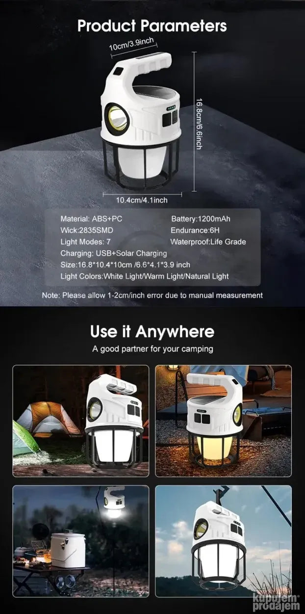 Solarna lampa za osvetljenje kampa, dvorišta ili radnog prostora.