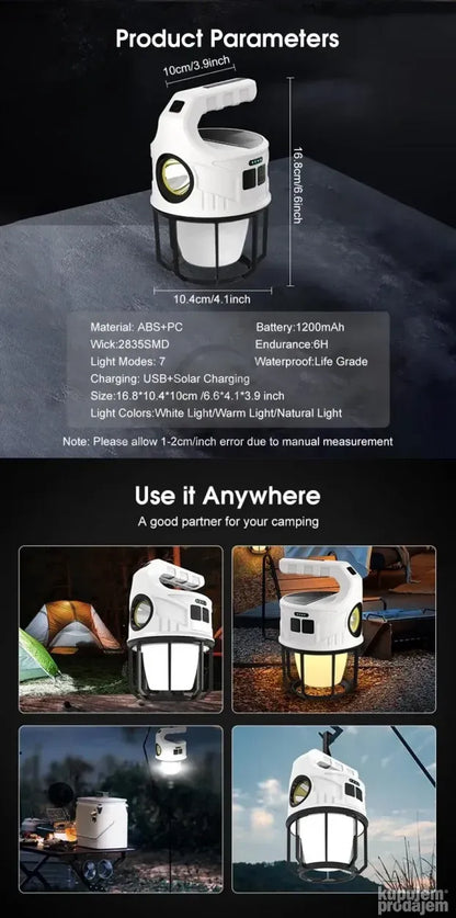 Solarna lampa za osvetljenje kampa, dvorišta ili radnog prostora.