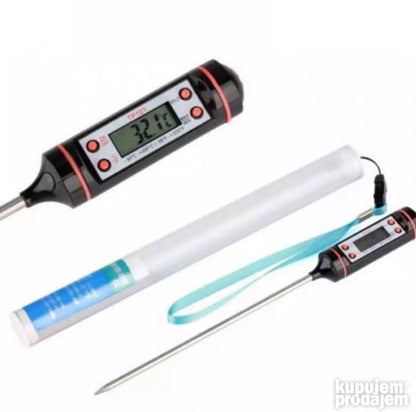 Digitalni kuhinjski pribor za praćenje temperature tokom pripreme hrane.
