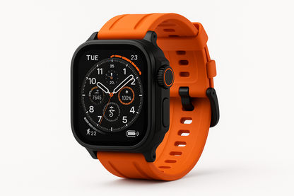 Debeli crni smartwatch sa narandžastom narukvicom - glavna slika