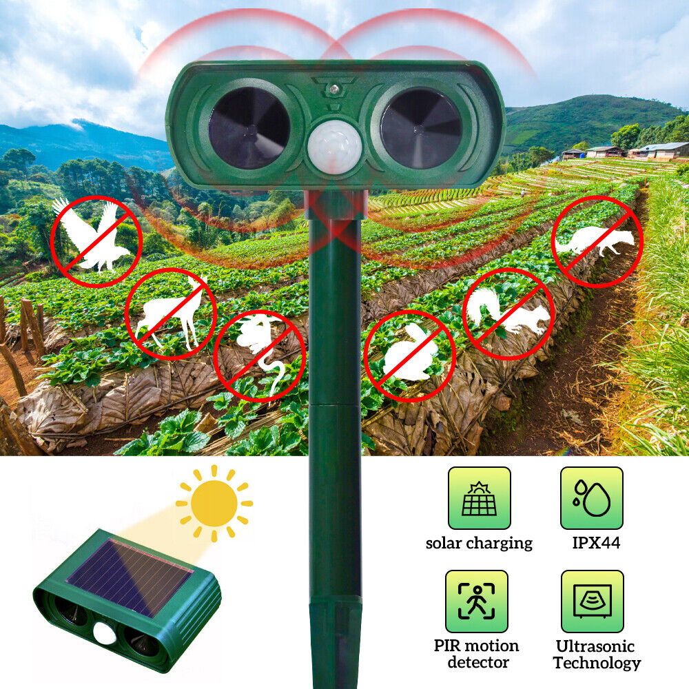 Prikaz solarnog uređaja za odvraćanje životinja sa senzorom.