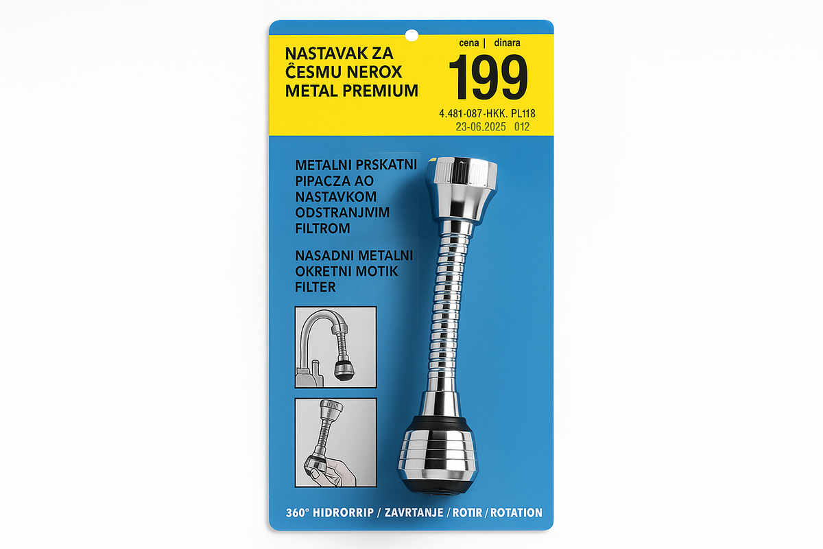 Srebrni metalni aerator za česmu prikazan kao samostalan nastavak.