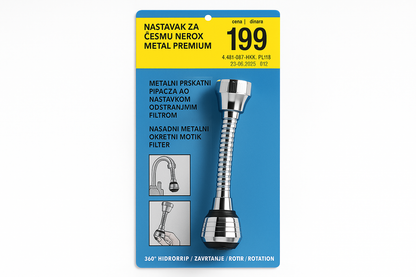 Srebrni metalni aerator za česmu prikazan kao samostalan nastavak.