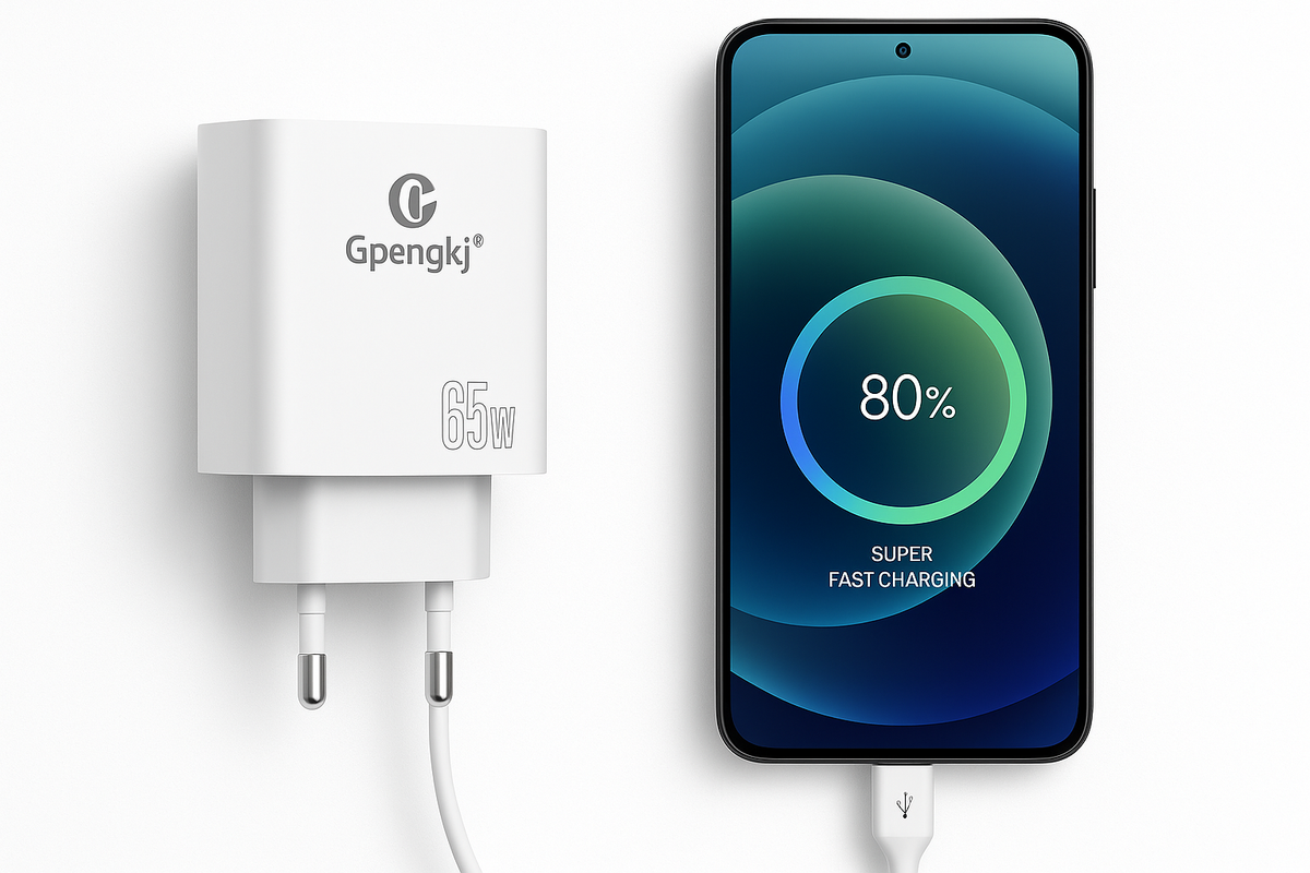 Na slici je prikazan GaN punjač snage 65 W sa USB-C kablom.